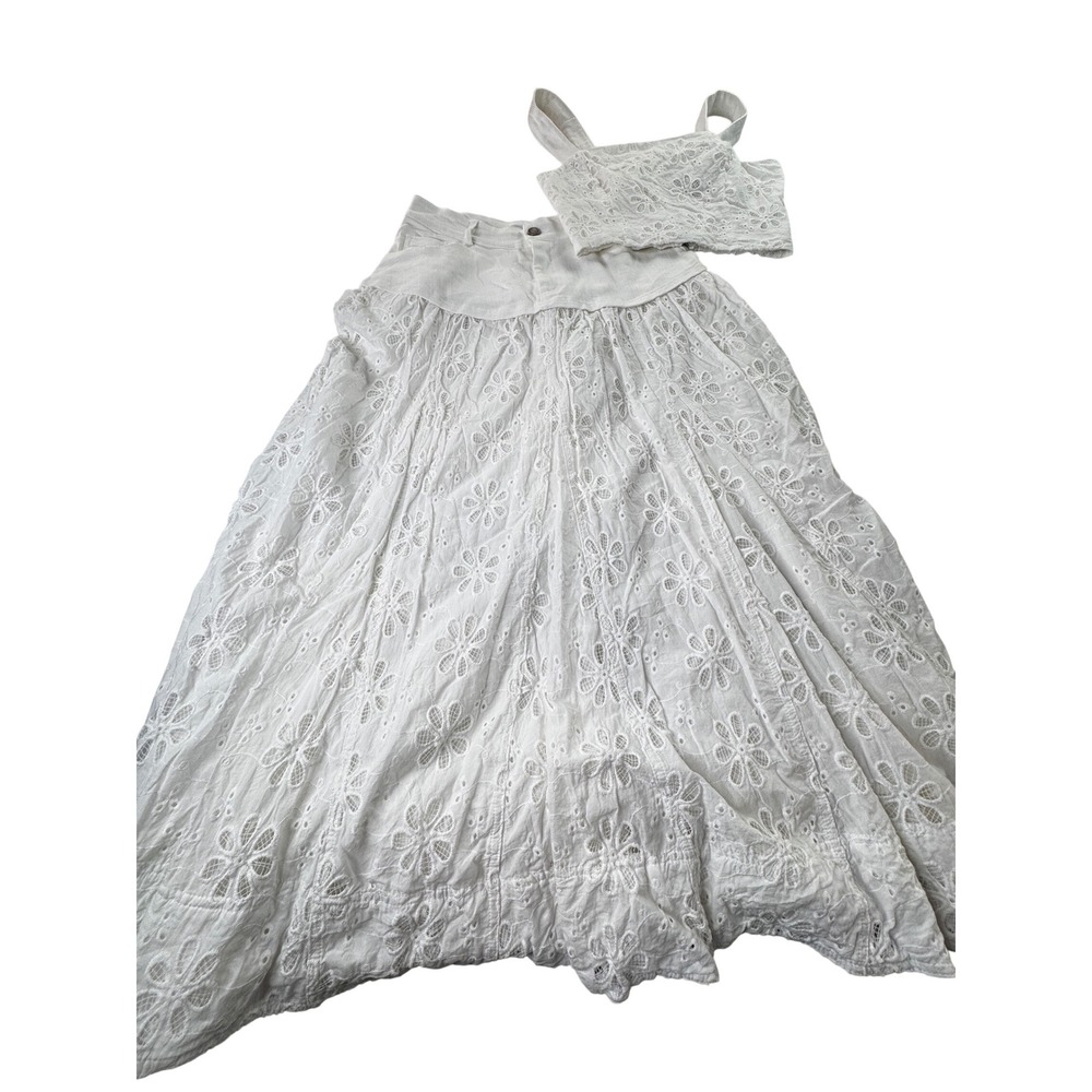 En Saison White Eyelet Two Piece Set Crop Top Maxi Skirt Cotton medium festival - Picture 11 of 16